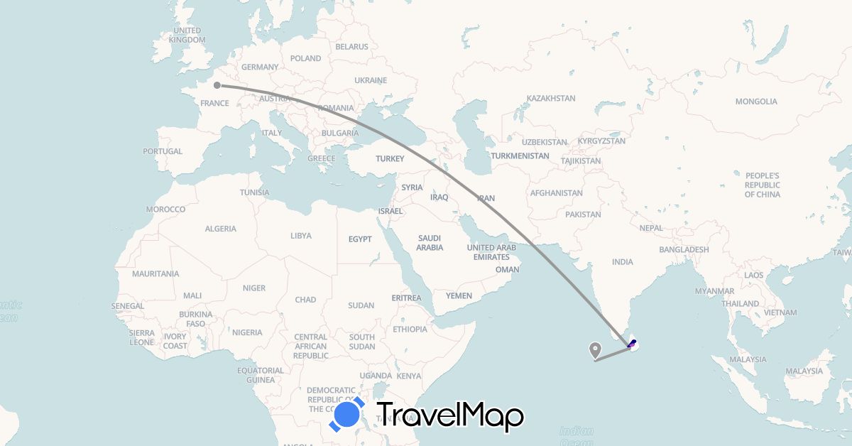 TravelMap itinerary: driving, plane, train in France, Sri Lanka, Maldives (Asia, Europe)